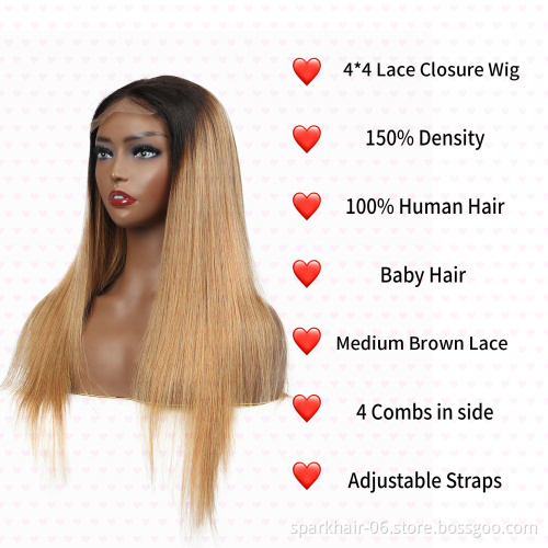 Ombre 4x4 Lace Closure Wig Straight Human Hair Pre-Plucked 1B/27 Lace Closure Wig For Women Lace Closure Straight Hair Wigs